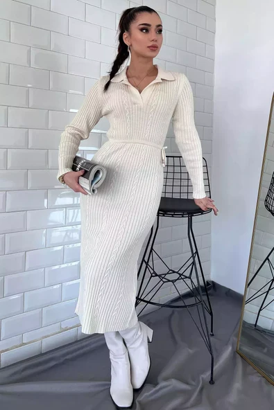 Ekru Kadın Polo Yaka Bel Bağlamalı Uzun Triko Elbise - 5