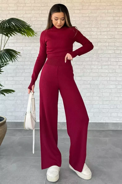Bordo Kadın Yarım Balıkçı Örgü Crop Kazak Pantolon Triko Alt-üst Takım - 2