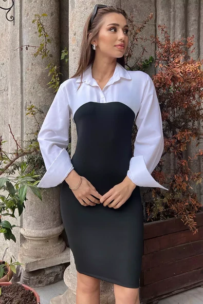 Beyazsiyah Gömlek Garnili Uzun Kol Kadın Elbise - 2