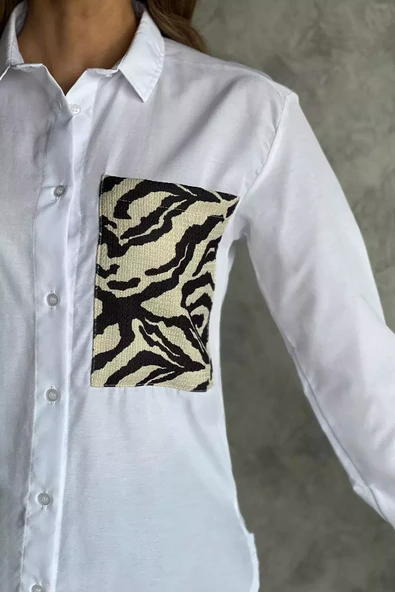 Beyaz Zebra İşlemeli Tarz Kadın Gömlek - 2