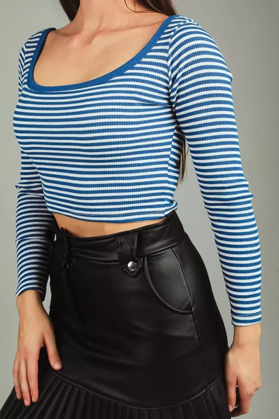 Saksmavisi Kadın Kare Yaka Çizgili Kaşkorse Crop Body Bluz - 2