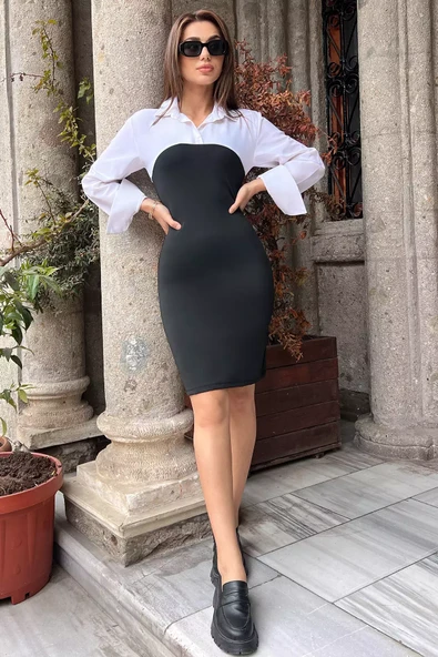 Beyazsiyah Gömlek Garnili Uzun Kol Kadın Elbise - 1