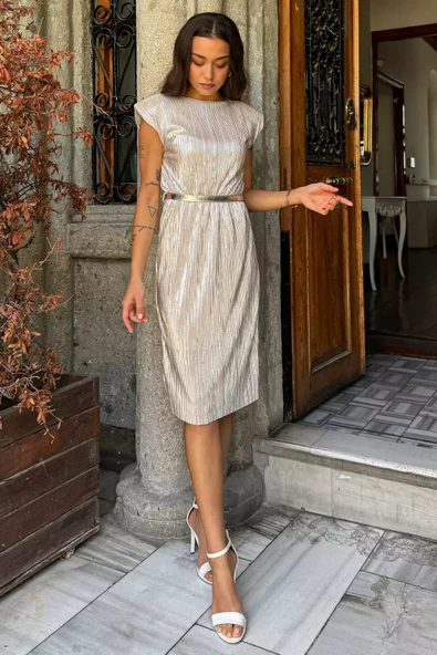 Açıkbej Omuz Vatkalı Varaklı Abiye Elbise - 2