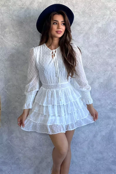 Krem Kadın Yaka Bağlama Detaylı Ponponlu Şifon Mini Elbise