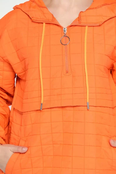 Orange Kapüşonlu Yarım Fermuarlı Kapitoneli Mevsimlik Mont - 4