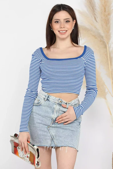 Saksmavisi Kadın Kare Yaka Çizgili Kaşkorse Crop Body Bluz - 8