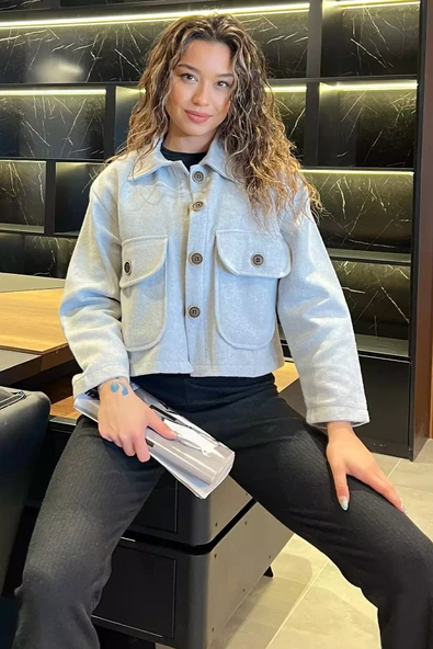Gri Çift Cepli Crop Top Kaşe Mont - 1