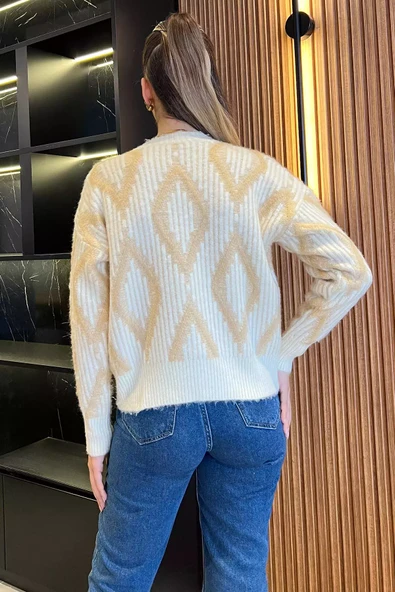 Krem Desenli Triko Hırka - 3
