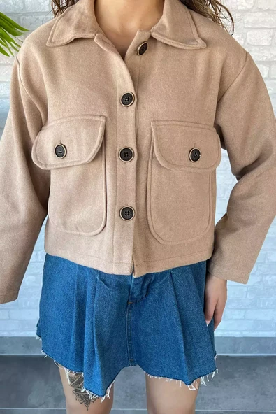 Bej Çift Cepli Crop Top Kaşe Mont - 4