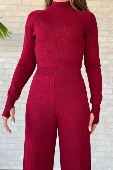 Bordo Kadın Yarım Balıkçı Örgü Crop Kazak Pantolon Triko Alt-üst Takım - 3