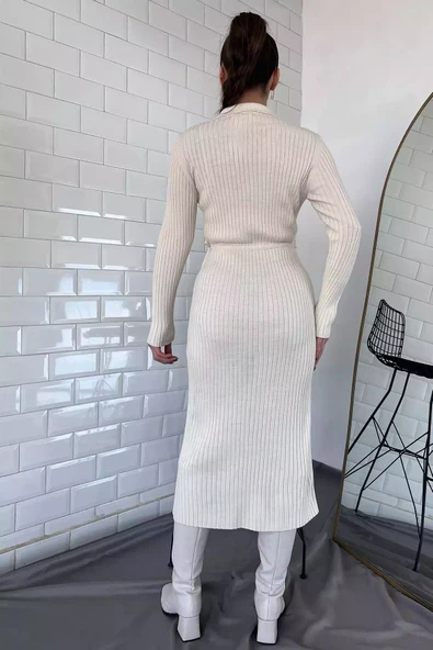 Ekru Kadın Polo Yaka Bel Bağlamalı Uzun Triko Elbise - 8