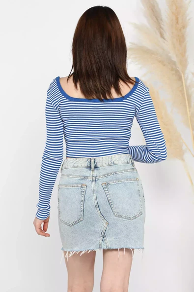 Saksmavisi Kadın Kare Yaka Çizgili Kaşkorse Crop Body Bluz - 10