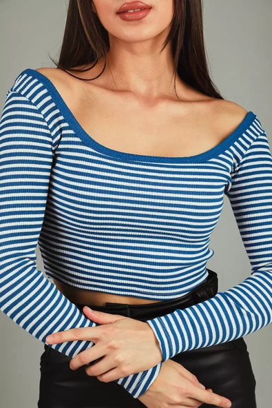 Saksmavisi Kadın Kare Yaka Çizgili Kaşkorse Crop Body Bluz - 1