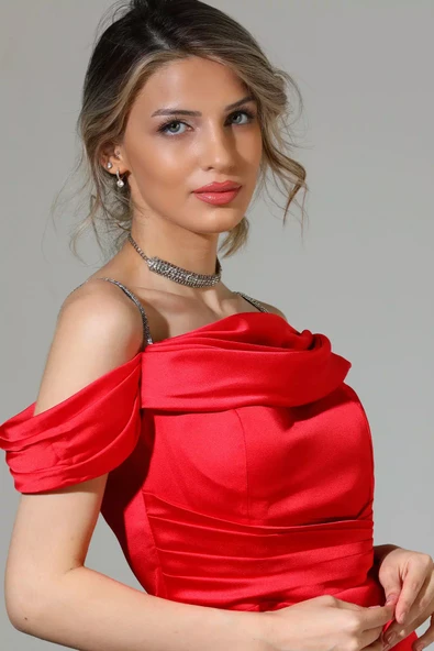 Kırmızı Mişhar İtalia Kadın Ön Drapeli Midi Boy Saten Abiye Elbise - 7