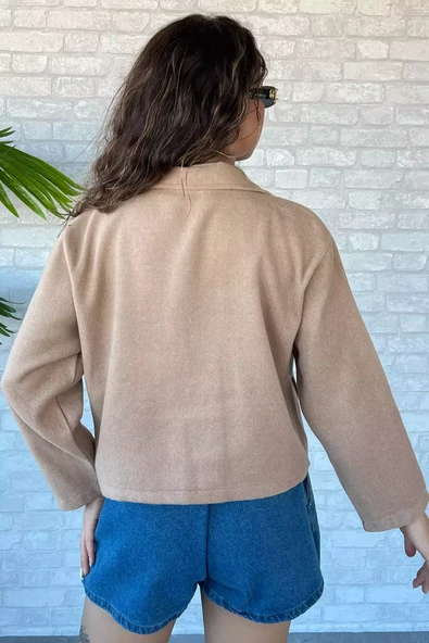 Bej Çift Cepli Crop Top Kaşe Mont - 3
