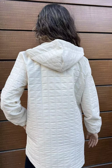 Taş Kapüşonlu Yarım Fermuarlı Kapitoneli Mevsimlik Mont - 3