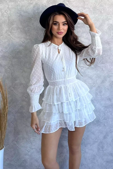 Krem Kadın Yaka Bağlama Detaylı Ponponlu Şifon Mini Elbise - 2