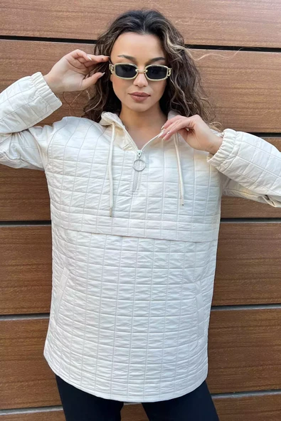 Taş Kapüşonlu Yarım Fermuarlı Kapitoneli Mevsimlik Mont - 2