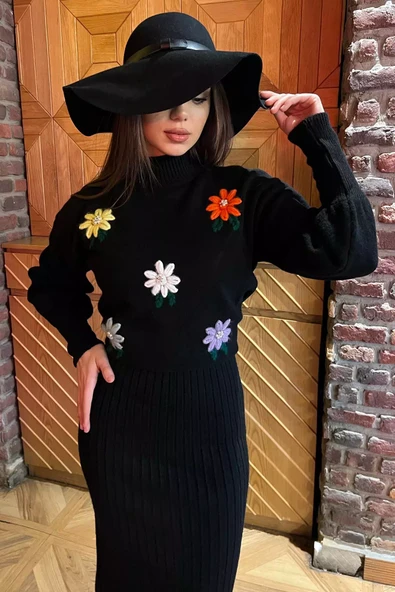 Siyah Kadın Yarım Balıkçı Yaka Nakışlı Triko Bluz Elbise İkili Takım - 3