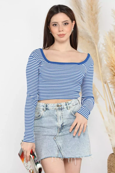 Saksmavisi Kadın Kare Yaka Çizgili Kaşkorse Crop Body Bluz - 7