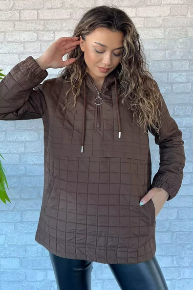 Kahve Kapüşonlu Yarım Fermuarlı Kapitoneli Mevsimlik Mont - 2