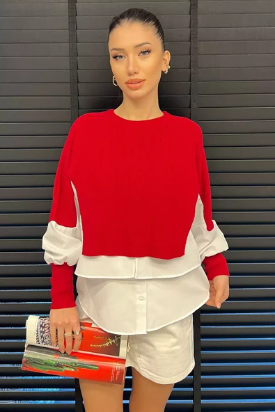 Kırmızı Şık Gömlek Garnili Triko Kadın Bluz - 2