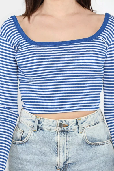 Saksmavisi Kadın Kare Yaka Çizgili Kaşkorse Crop Body Bluz - 9