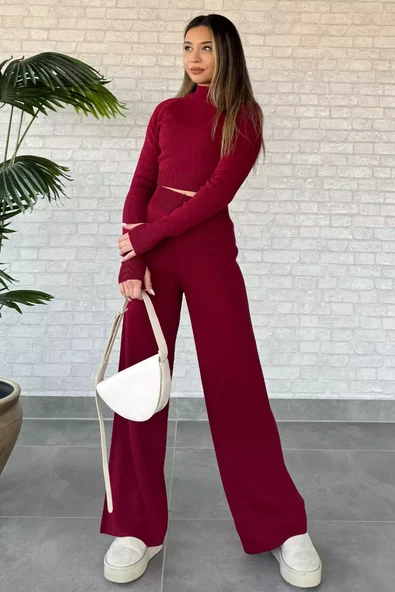 Bordo Kadın Yarım Balıkçı Örgü Crop Kazak Pantolon Triko Alt-üst Takım