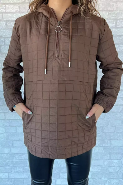 Kahve Kapüşonlu Yarım Fermuarlı Kapitoneli Mevsimlik Mont - 3