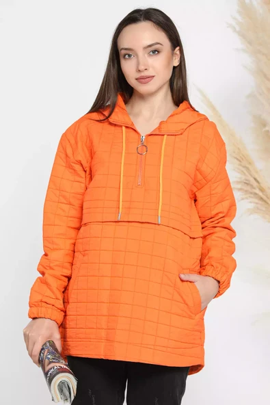 Orange Kapüşonlu Yarım Fermuarlı Kapitoneli Mevsimlik Mont - 1