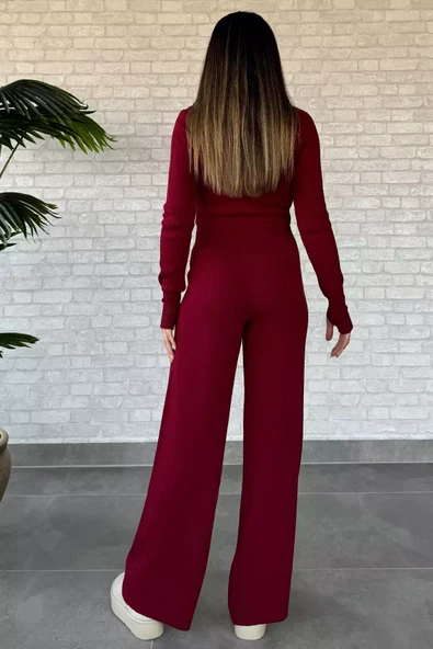 Bordo Kadın Yarım Balıkçı Örgü Crop Kazak Pantolon Triko Alt-üst Takım - 4