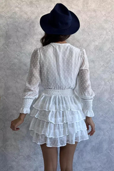 Krem Kadın Yaka Bağlama Detaylı Ponponlu Şifon Mini Elbise - 4