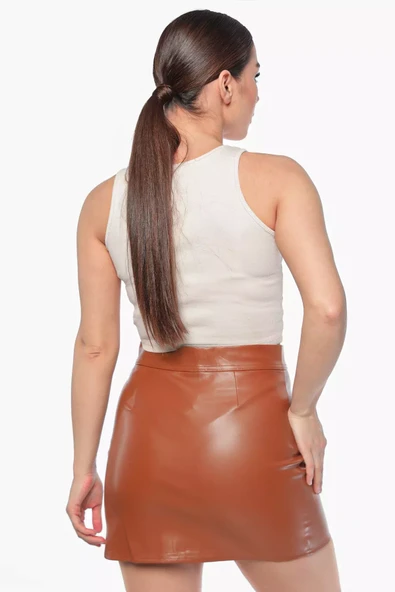 Taba Kadın Fermuarlı Çift Cepli Mini Deri Etek - 6