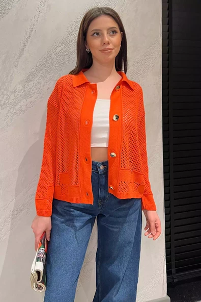 Orange Gold Düğme Detaylı Ajurlu Kadın Triko Örme Hırka - 5