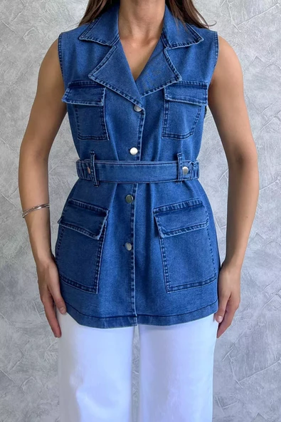Lacivert Cepli Bel Kemerli Kadın Likralı Jean Kot Yelek - 3