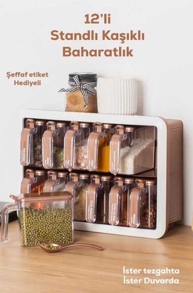 Porsima 12li Standlı Etiketli Yapışkanlı Kaşıklı Kapaklı Baharatlık Sak Kabı Set Bakır/Beyaz - Resim 2