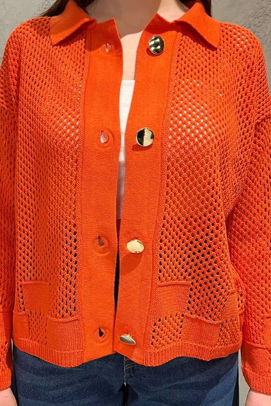 Orange Gold Düğme Detaylı Ajurlu Kadın Triko Örme Hırka - 7