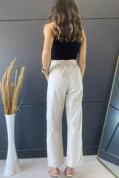 Bej Yüksek Bel Cepli Kadın Pantolon - 4