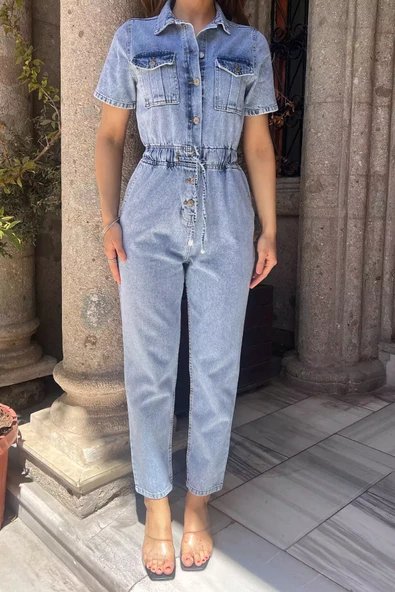 Mavi Polo Yaka Çift Cepli Kadın Jean Kot Tulum Salopet - 3
