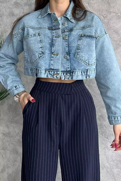 Mavi Cepli Crop Top Jean Kot Ceket - 3