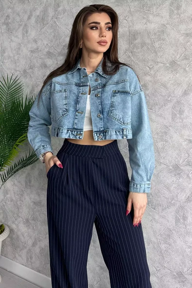 Mavi Cepli Crop Top Jean Kot Ceket - 1