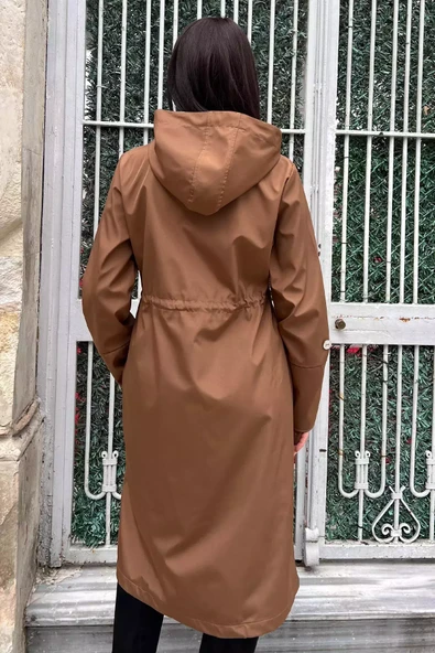Camel Kadın Kapüşonlu Bel Lastikli Uzun Trençkot - 8