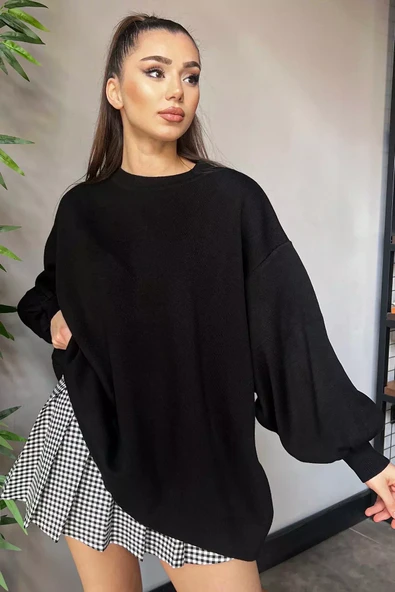 Siyah Kadın Oversize Balon Kol Triko Kazak - 3