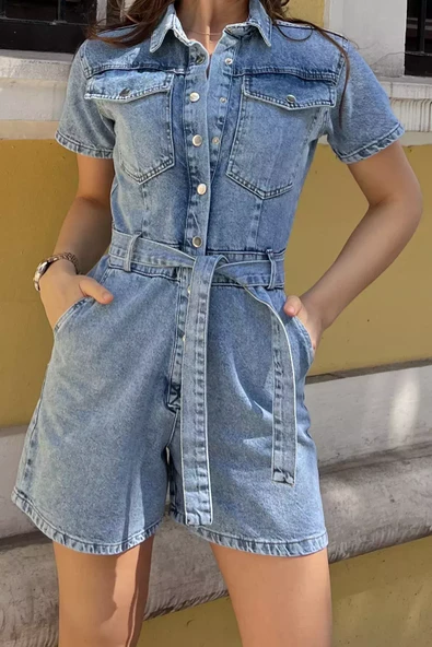 Buzmavisi Çift Cepli Çıtçıtlı Bel Kuşak Detaylı Kadın Kısa Jean Kot Tulum - 4