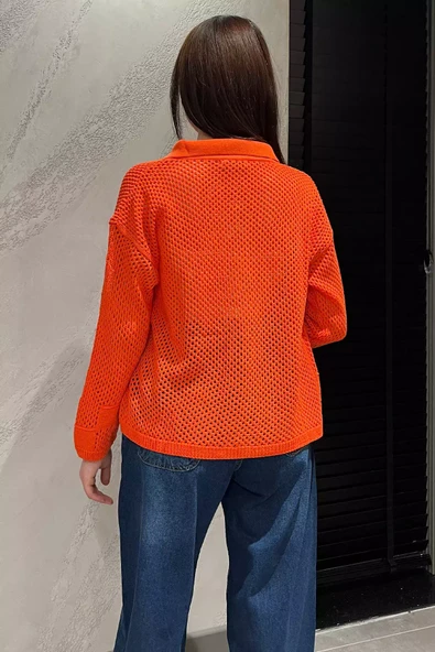 Orange Gold Düğme Detaylı Ajurlu Kadın Triko Örme Hırka - 8