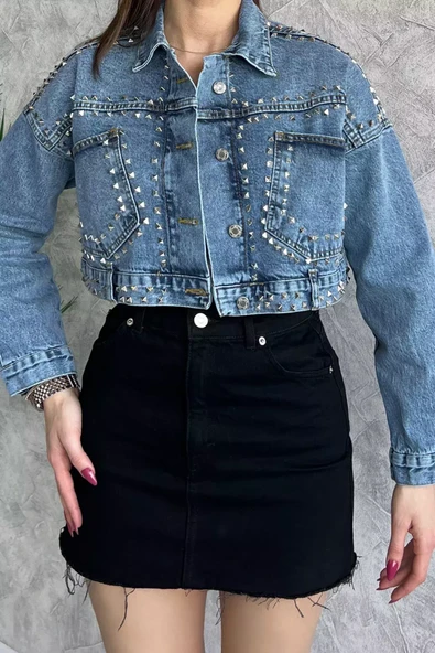 Mavi Droplu Crop Top Jean Kot Ceket - 3