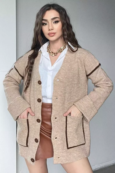 Bej Kadın Kol Katlamalı Şerit Desenli Triko Hırka - 2