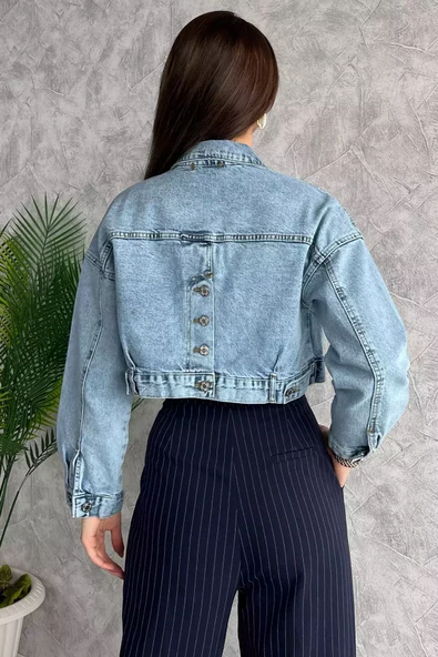 Mavi Cepli Crop Top Jean Kot Ceket - 4