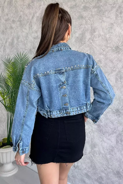 Mavi Droplu Crop Top Jean Kot Ceket - 4