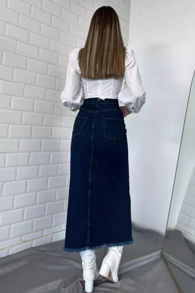 Lacivert Püsküllü Jean Kot Etek - 3
